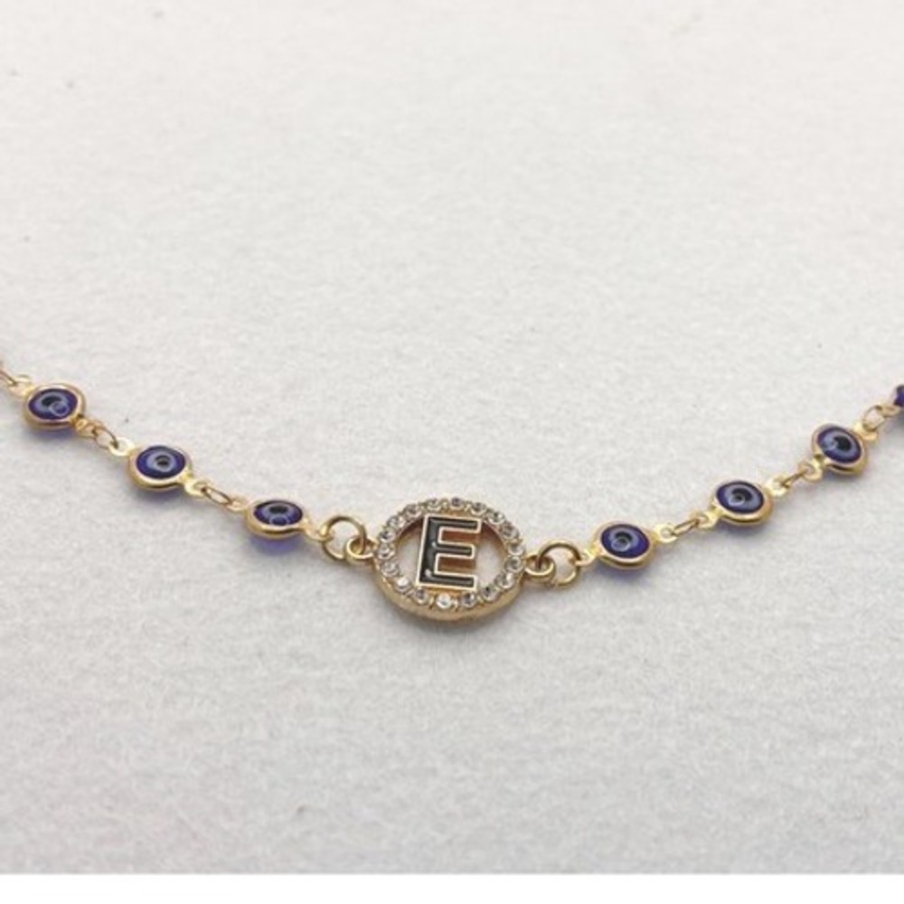 Initial E Bracelet Gold Tone Blue Evil Eye Lobster Clasp Boho Protection Charm